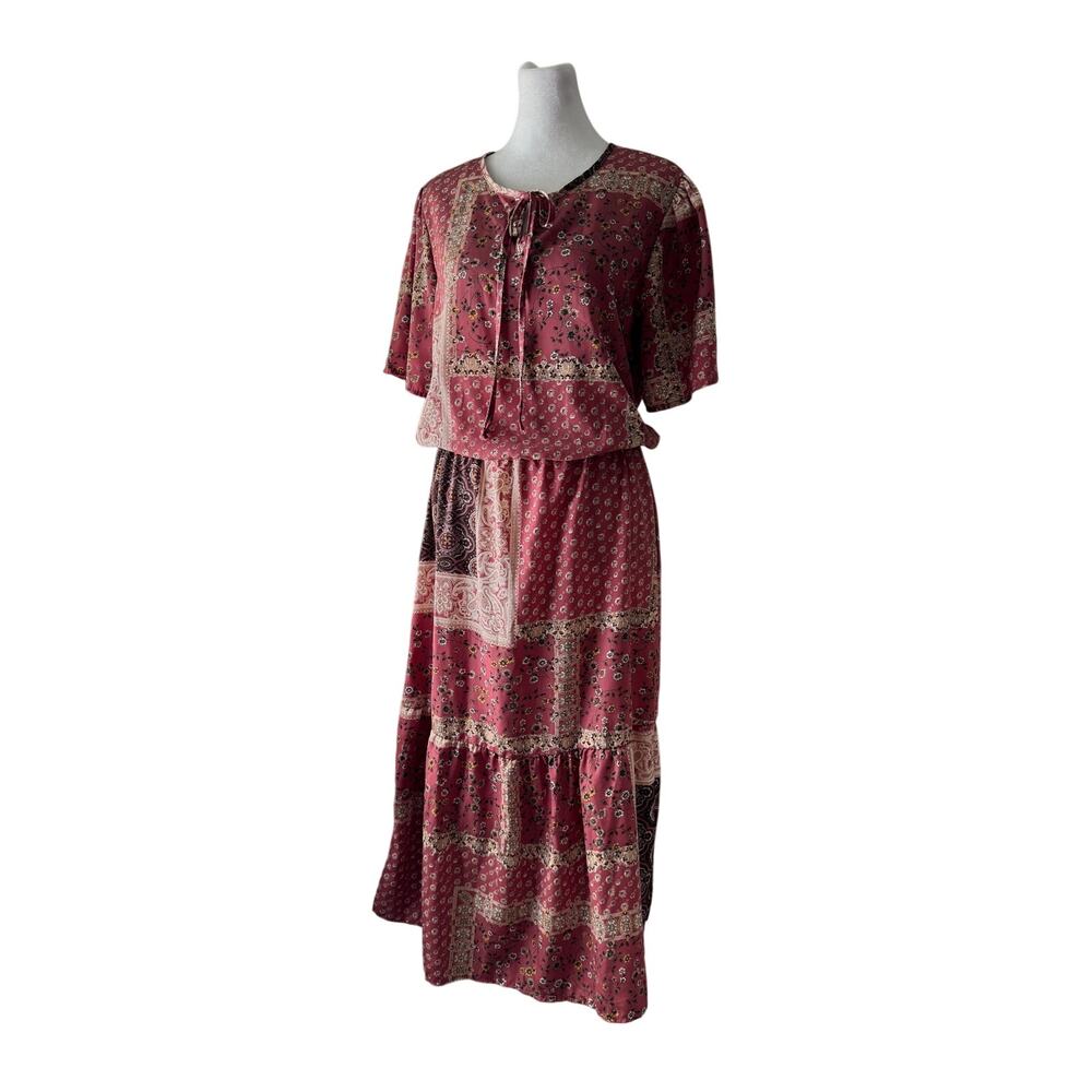 Downeast Pink Floral Print Tie Neck Half Sleeve Elastic Waist Midi Prairie Dress